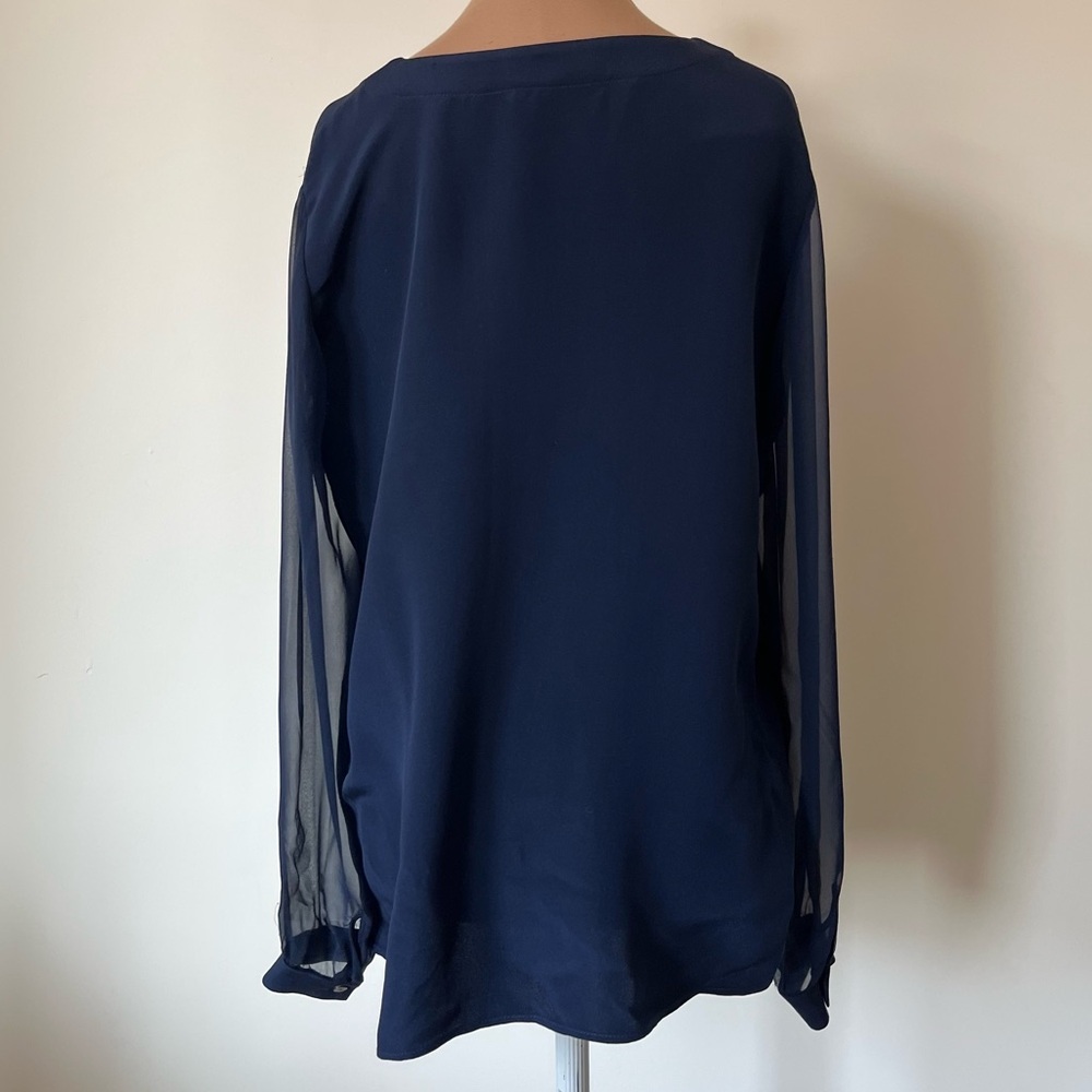 Ramy Brook Navy Blue Silk Lace Up V-Neck Sheer Long Sleeve Blouse Top EUC Size M - Picture 3 of 8